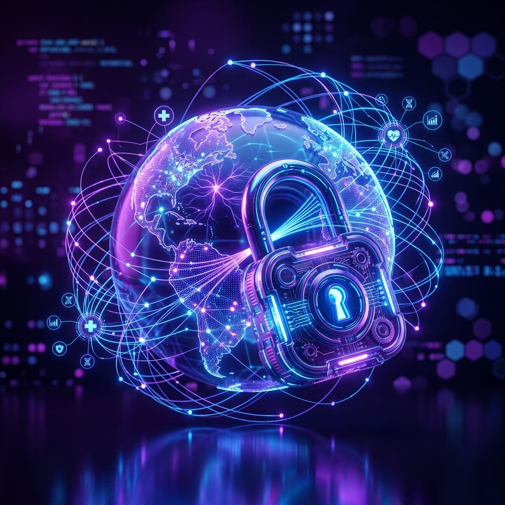 3D conceptual glowing padlock and fiber optic web lines